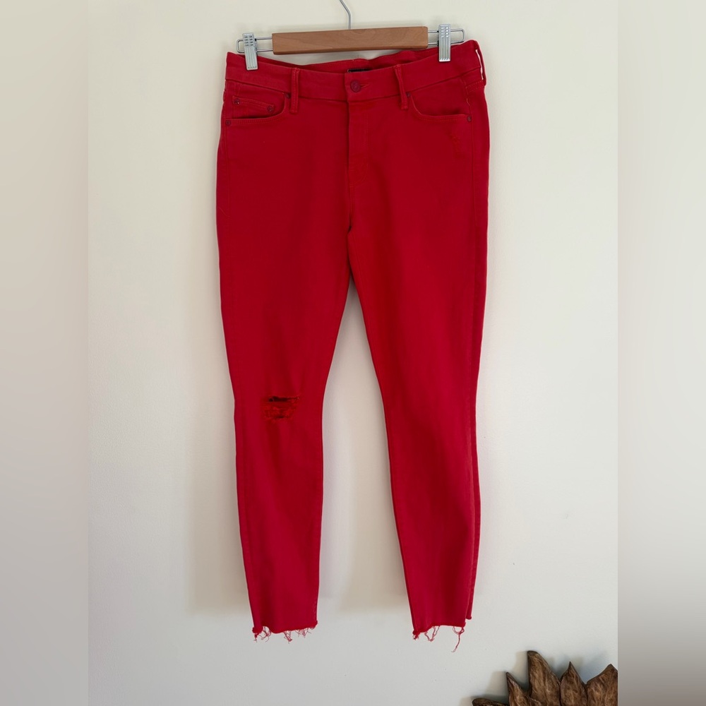 MOTHER Size 28 Red Looker Ankle Fray Skinny Jeans
